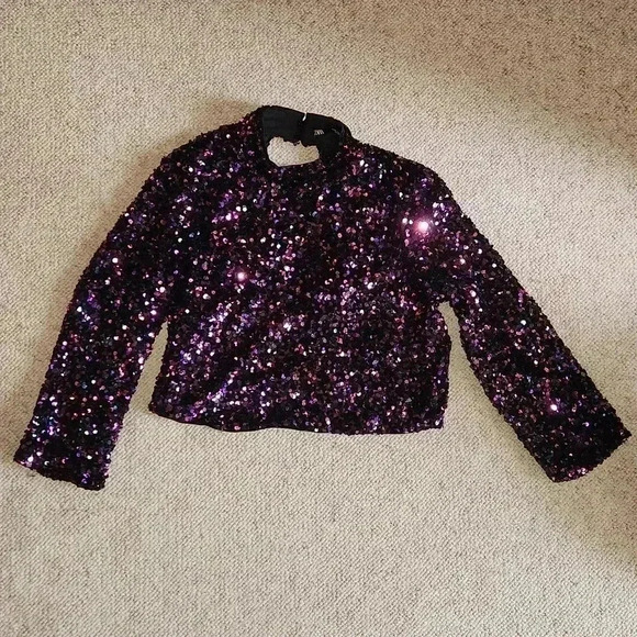 Zara Purple Sequin Crop Top Open back - Picture 5 of 7